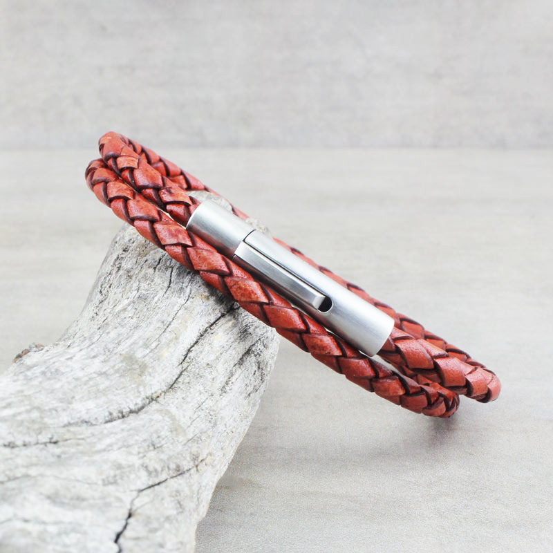 Braided Double Wrap Leather Bracelet in Red